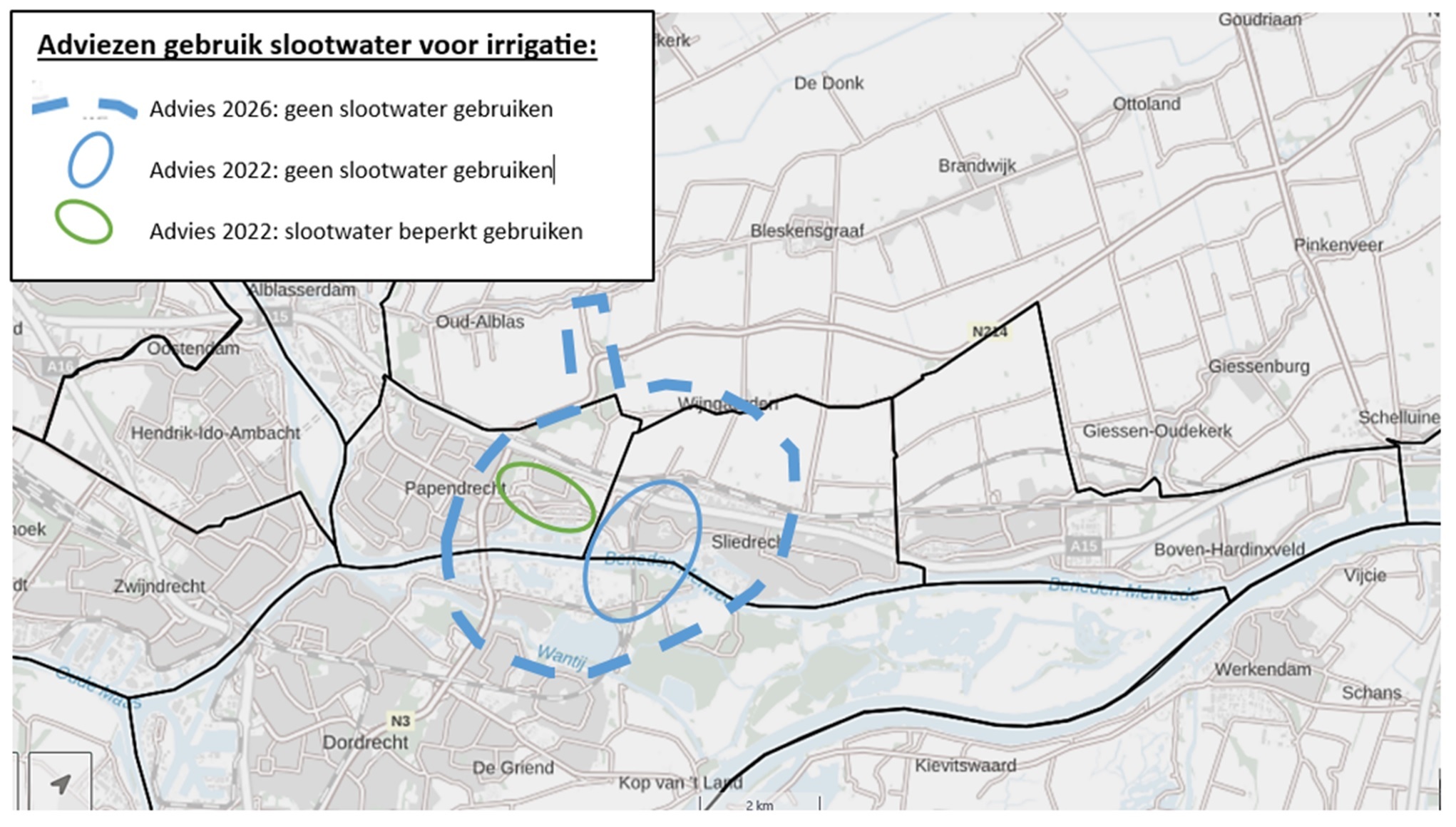 Kaart gebied adviezen gebruik slootwater voor irrigatie